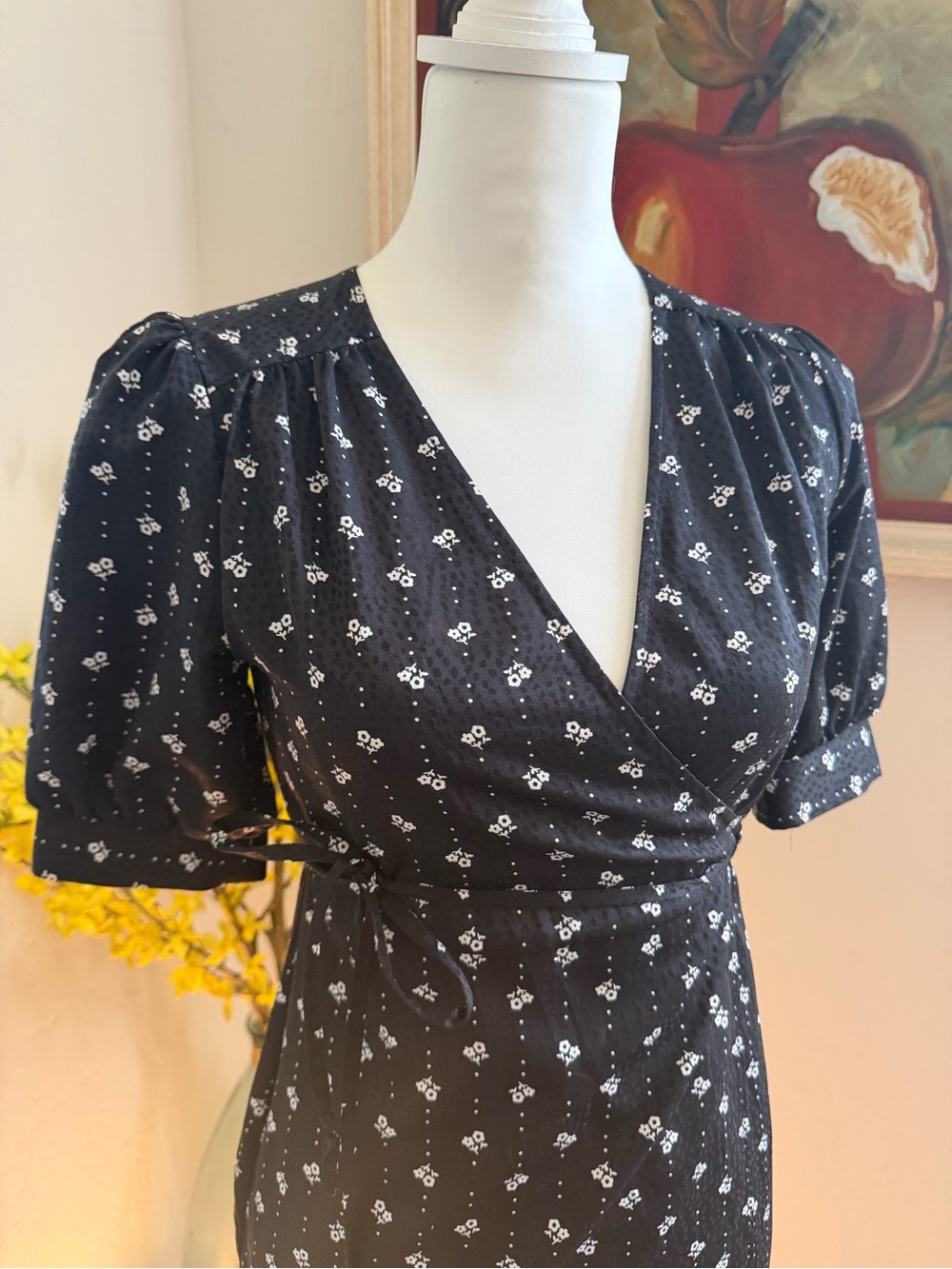 Urban Outfitters Black Floral Wrap Dress with Puff Sleeves